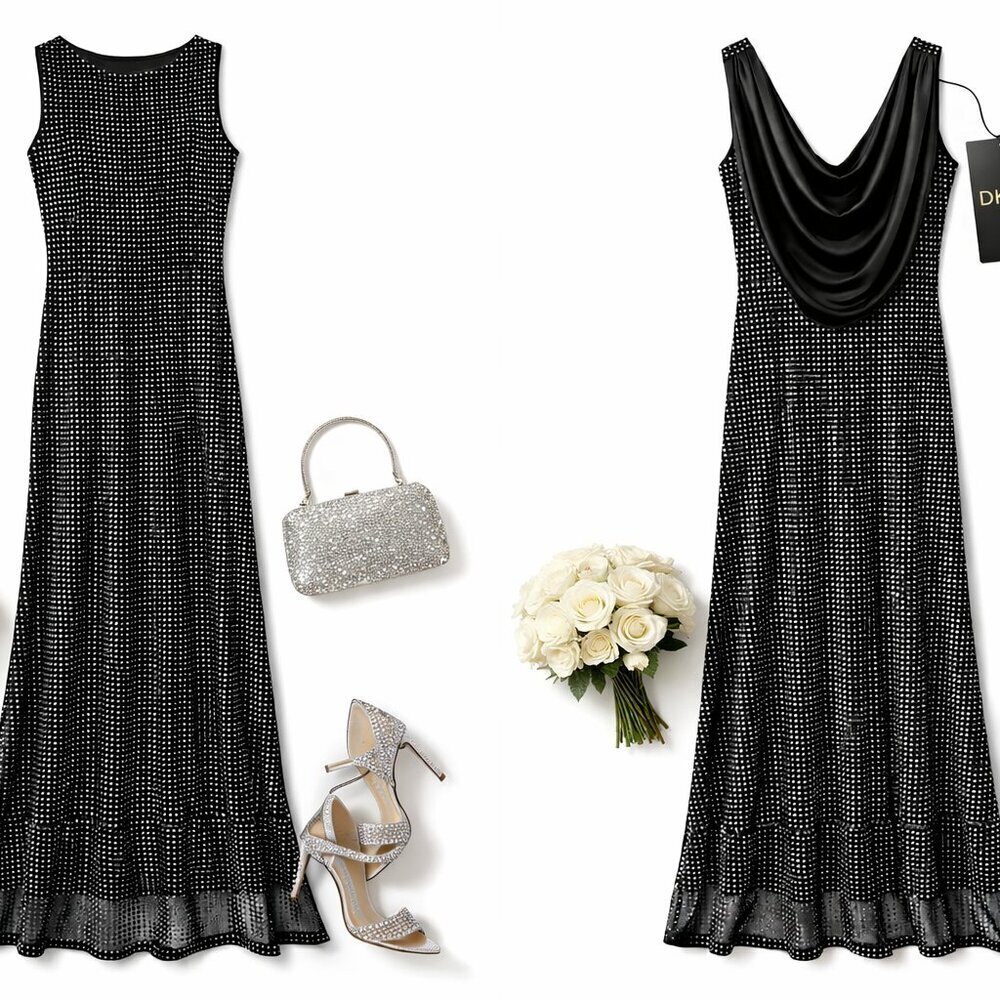 DKNY Black Rhinestone Dress Cowl Back Gown Size 6 NWT Evening Formal Gown - Picture 4 of 9